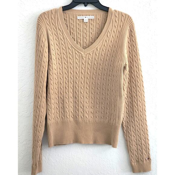 SWEATER-TOMMY HILFIGER-Cable Knit-Classic V-Neck-Tan-SIZE LRG/MED - Picture 1 of 11